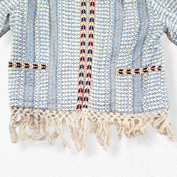 Tularosa Blue White Woven Embroidered Boho Fringe Jacket Open Blazer Size Medium - Picture 6 of 11